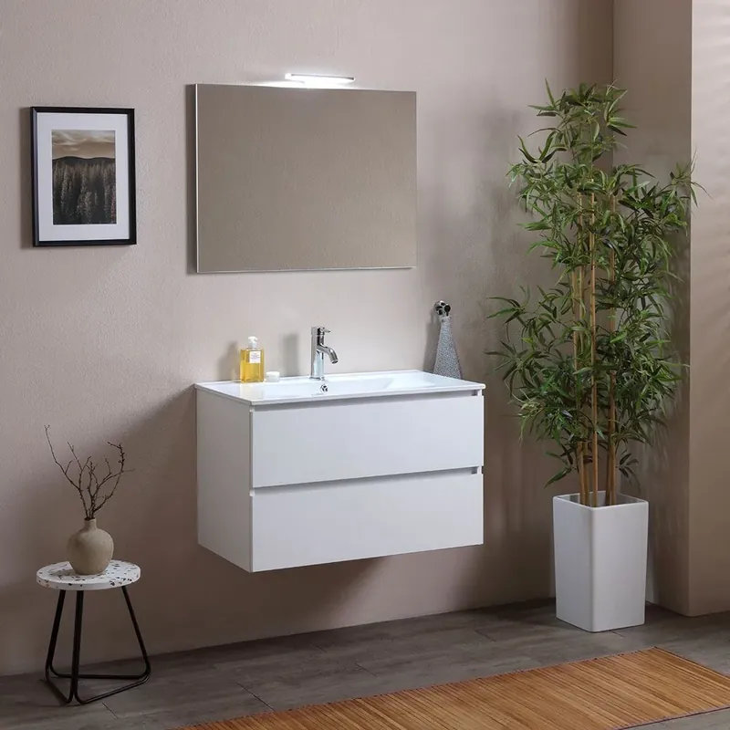 Novità Mobile bagno sospeso 80 cm con cassetti e lavabo in ceramica bianco legno Berlin