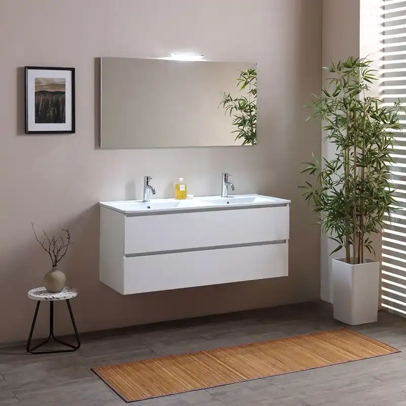 Mobile bagno 120 cm con 2 cassetti bianco effetto legno doppio lavabo luce a led Berlin Sconto