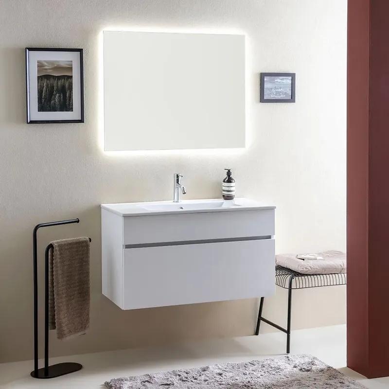 Arredo bagno sospeso cm90 bianco legno e specchio retroilluminato Sole Non Perdere