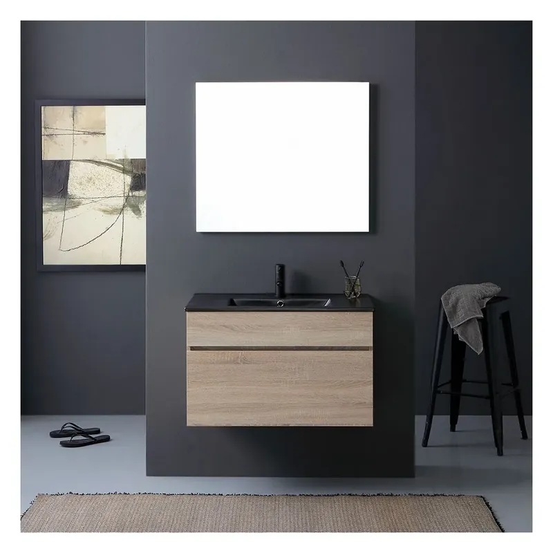 Mobile bagno 80cm quercia naturale con lavabo nero e specchio a filo Sole Professionale