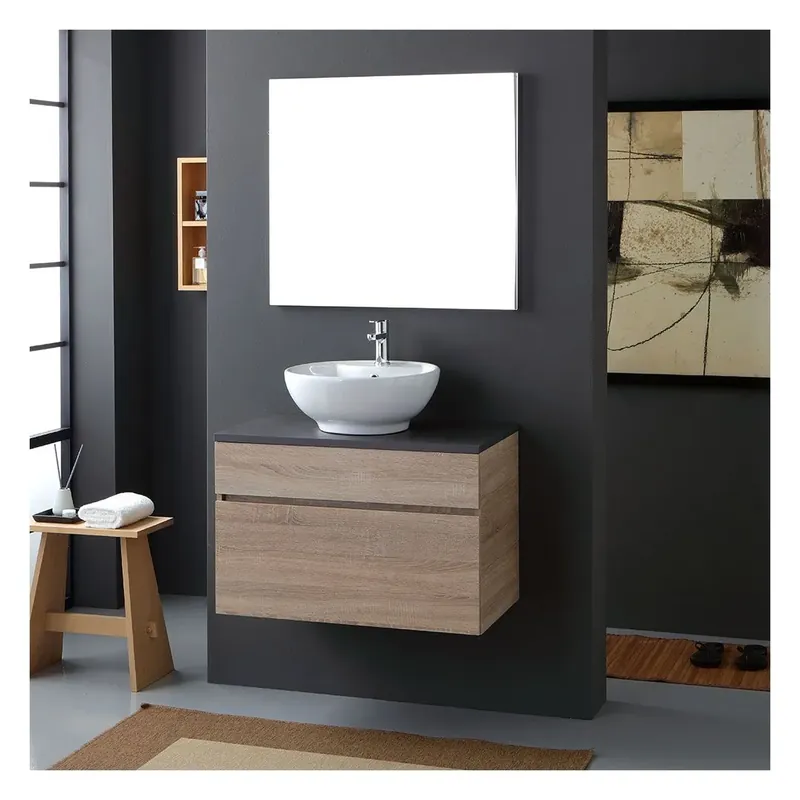 Mobile bagno sospeso cm80 con top in legno antracite per lavabo da appoggio Sole Prezzo Ridotto