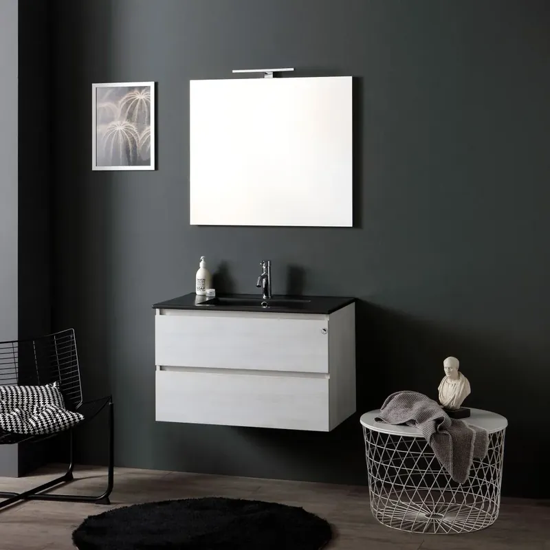 Promozione Mobile bagno sospeso 80cm bianco legno con lavabo nero opaco Berlin