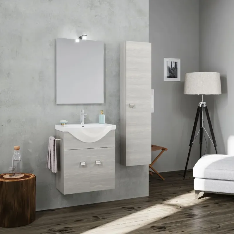 Mobile bagno sospeso 56,5cm con colonna grigio, lavabo+specchio Facile Compra Online
