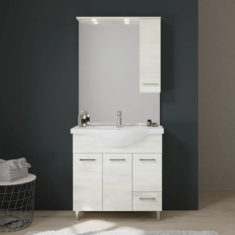Mobile bagno a terra cm85 con ante e cassetti quercia bianco Rimini Prezzo Conveniente