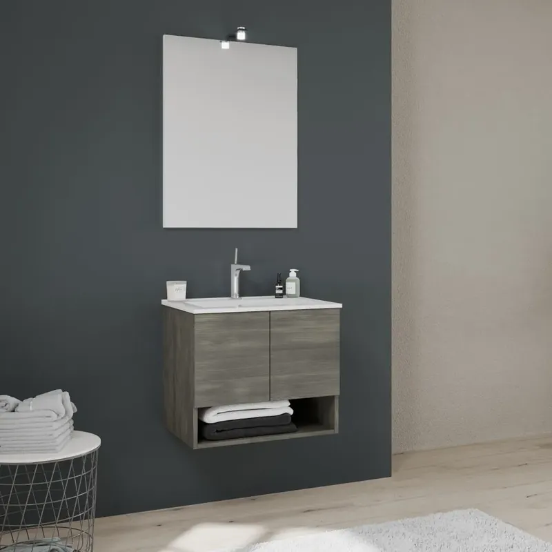 Offerta Lampo Mobile sospeso per bagno 2 ante 60 cm quercia grigio scuro Venezia