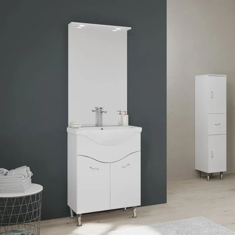 Offerta Limitata Mobile bagno a terra 65cm 2 ante, specchio con led bianco lucido Easy