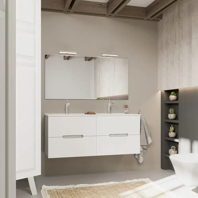 Vendita Finale Mobile bagno bianco e grigio 120cm, 4 cassetti, doppio lavabo Magnolia