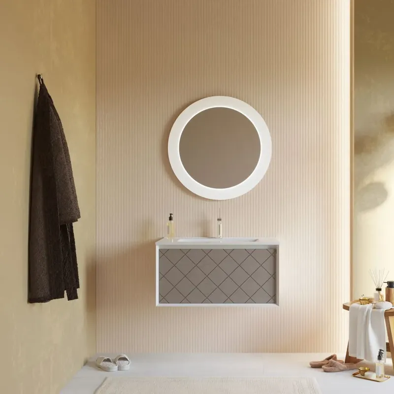 Miglior Prezzo Mobile lavabo 80cm con cassetto grigio frassinato e specchio tondo Miami