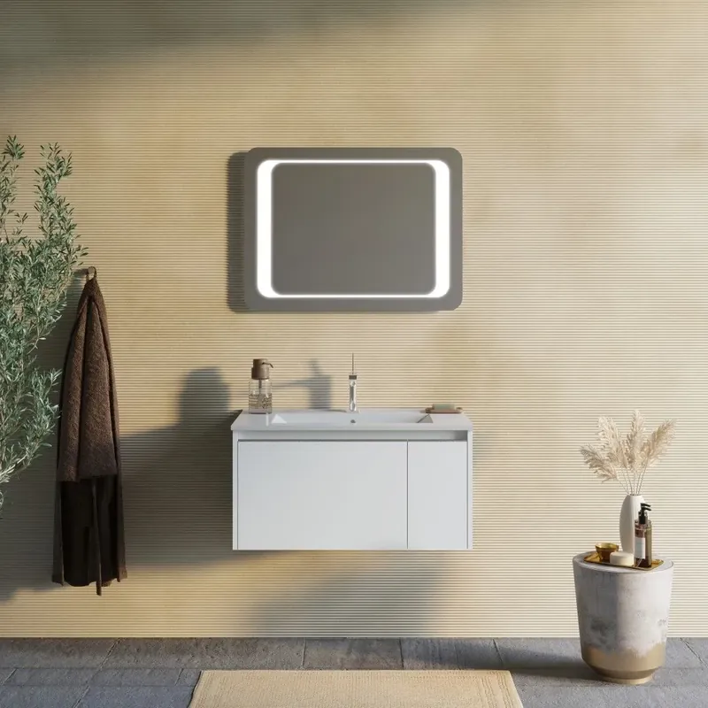Mobile bagno sospeso 80cm bianco opaco con specchio led 60x80 Monaco Acquista Ora