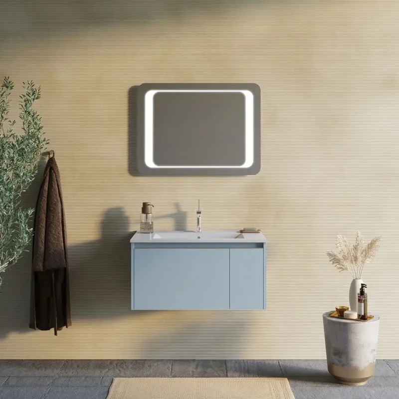 Compra Oggi Stesso Arredo bagno sospeso 80cm celeste e specchio con cornice led Monaco