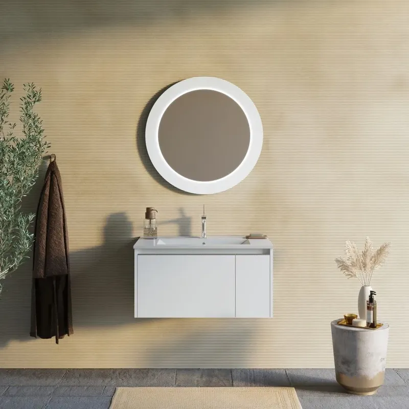 Soddisfatti O Rimborsati Arredo bagno sospeso 80cm bianco opaco con specchio tondo a led Monaco