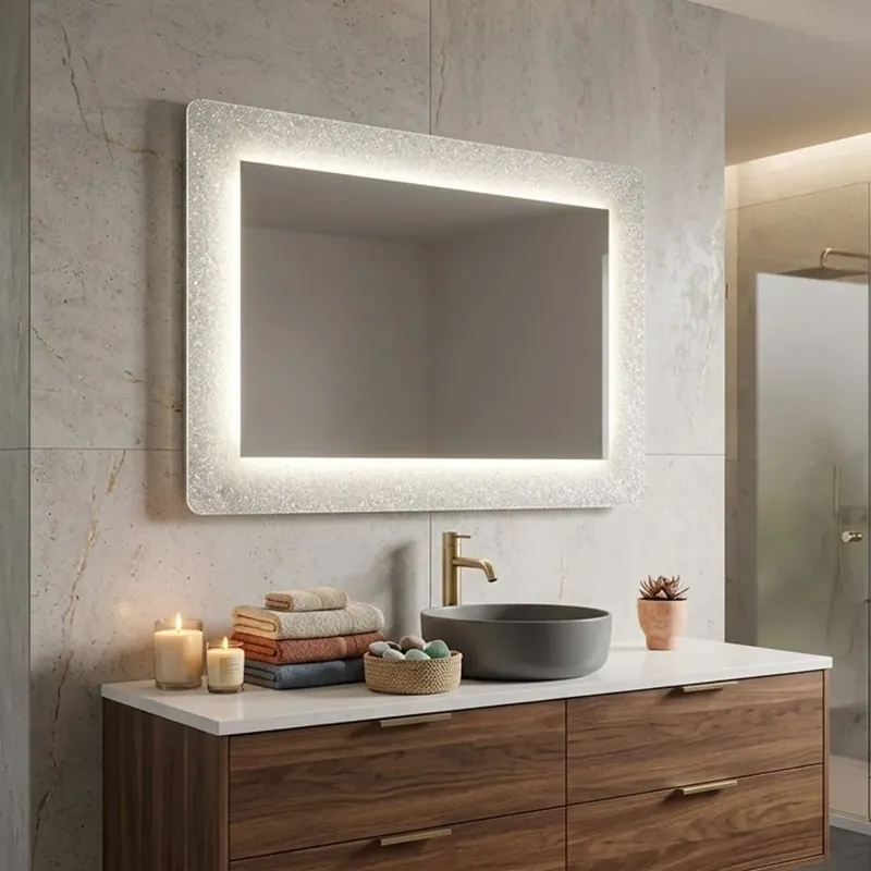 Affare Specchio con cornice bianca in vetro fuso con graniglia e led 90x62