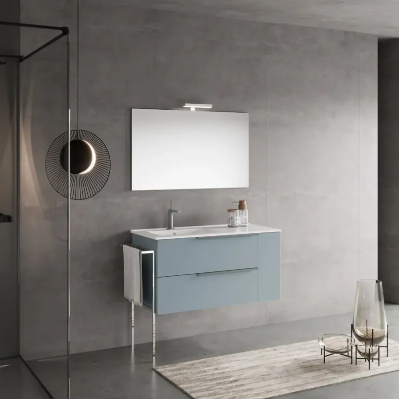 Mobile bagno sospeso 100cm cassetti celeste opaco, lavabo in ceramica sx New york Prezzo Basso