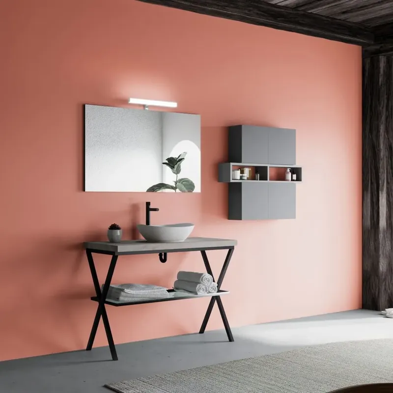Mobile bagno industrial cavalletto metallo 100cm, top beton e lavabo Lagos Prezzo Basso