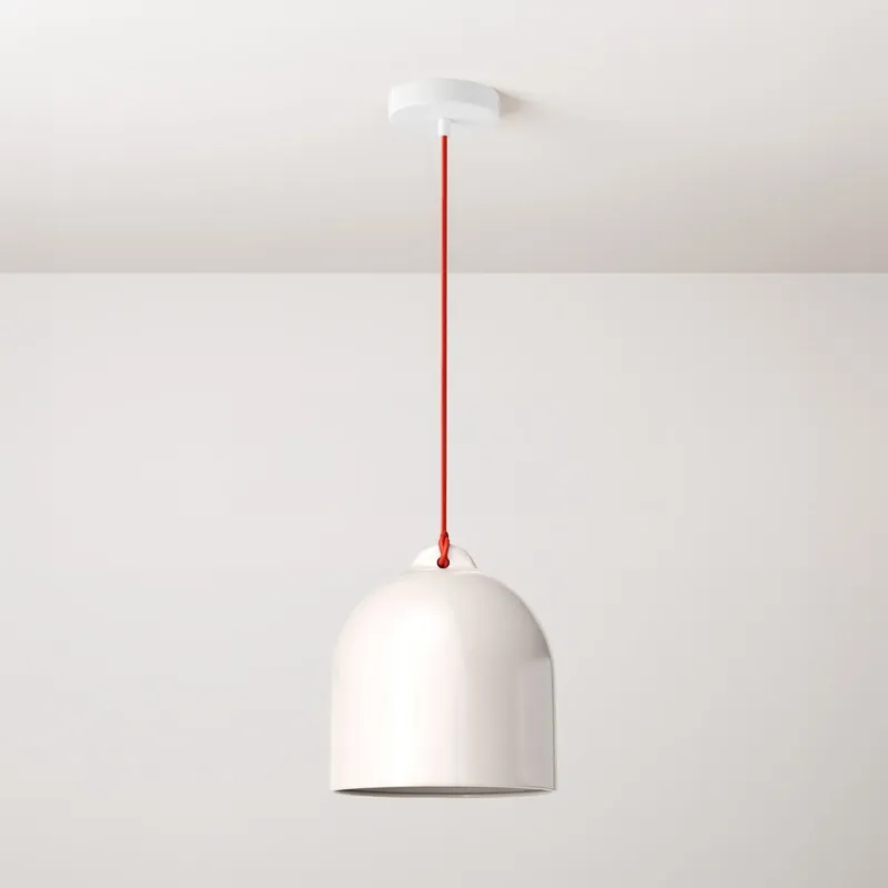 Pendant lamp with textile cable and Bell M ceramic lampshade - Glossy white Pagamento Sicuro