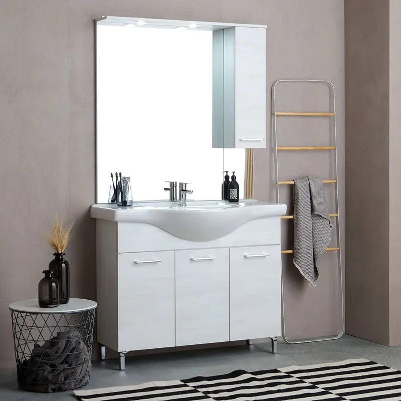 Mobile bagno a terra 105cm con 3 ante quercia bianco Rimini Pagamento Sicuro