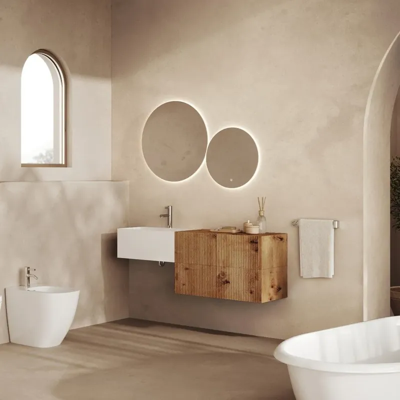 Popolare Mobile bagno sospeso 140cm lavabo bianco e 4 cassetti rovere oro Rodi