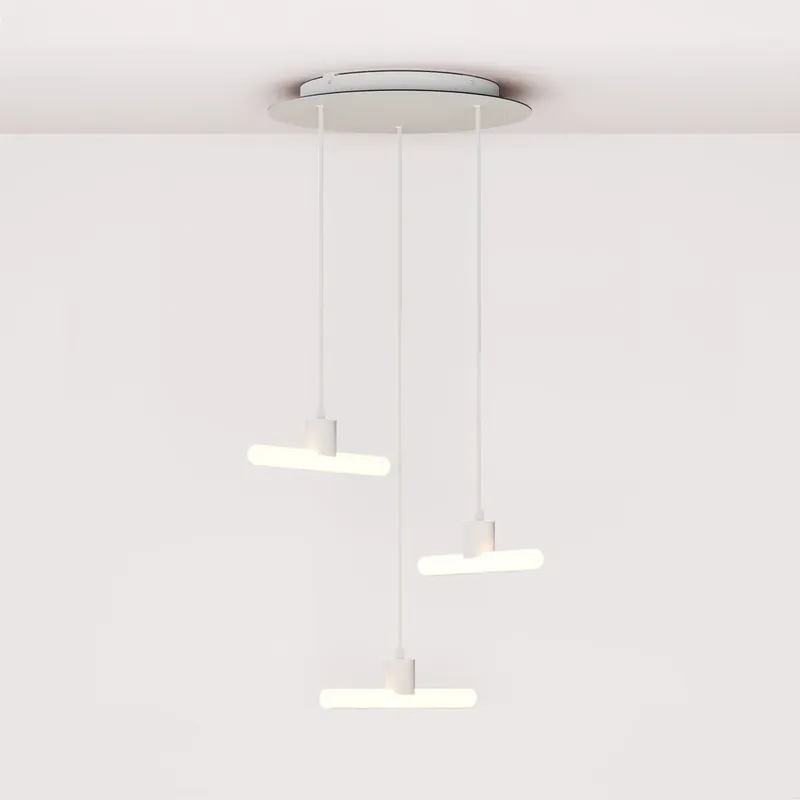 Esse14 3-Drop Asymmetrical Pendant Light with Rose-One, complete with fabric cord and metal finishes - White Solo Oggi