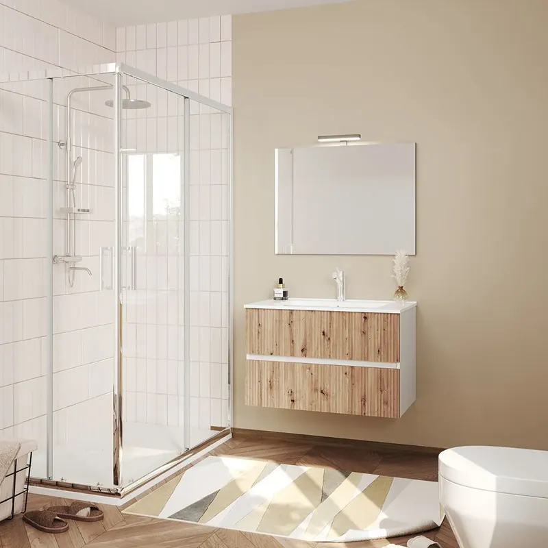 Nuova Collezione Mobile bagno sospeso 80cm bianco e rovere cannettato, specchio 80x60 Salina