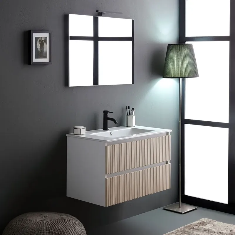Mobile bagno cannettato 80cm bianco e rovere con specchio 80x60 Bilbao Quantità Limitata
