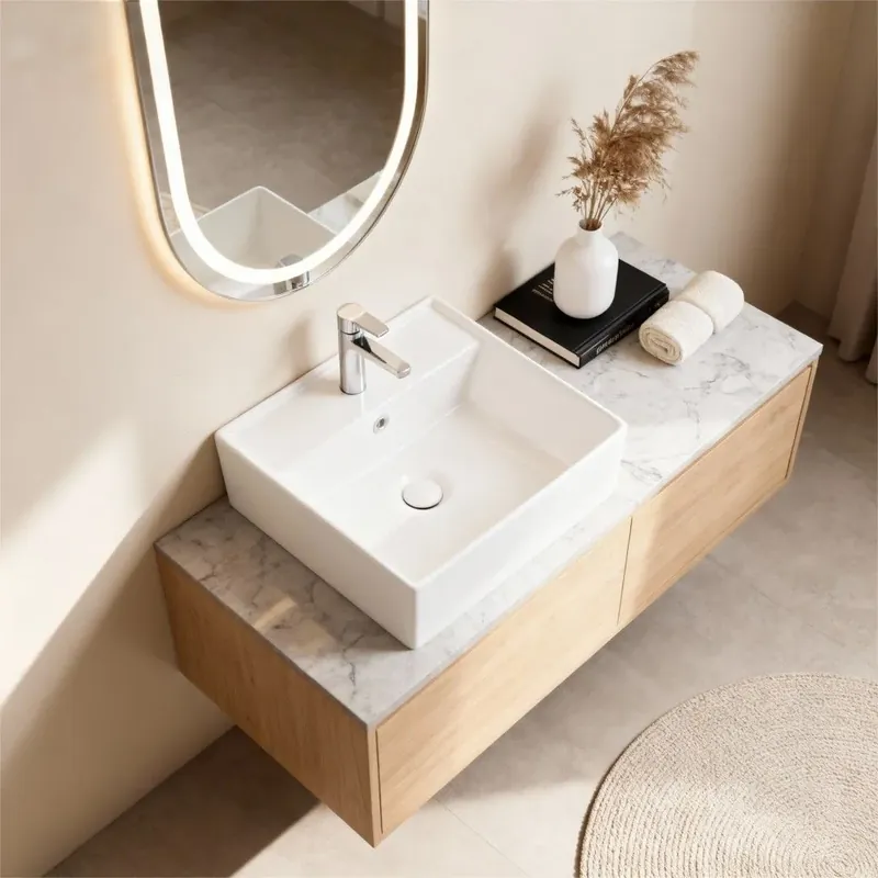 Lavabo d‘arredo quadrato 41x41cm in ceramica bianca con foro rubinetto Offerta Del Giorno