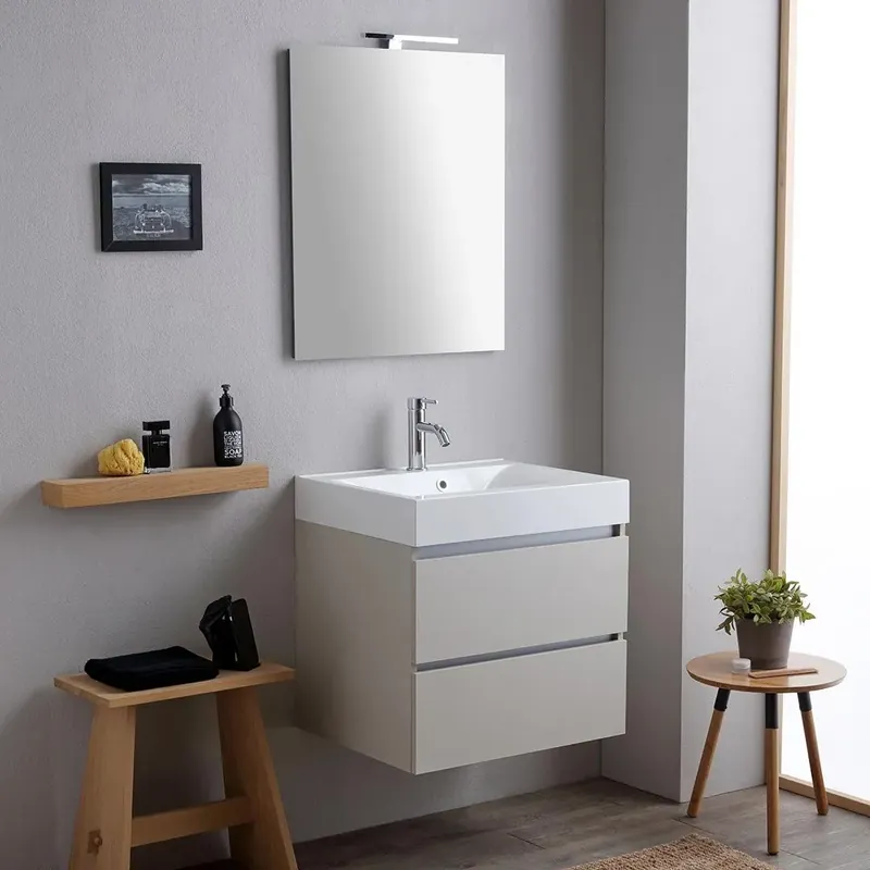 Mobile bagno 60cm 2 cassetti grigio perla con lavabo in resina e specchio Valentina Nuovo Arrivo