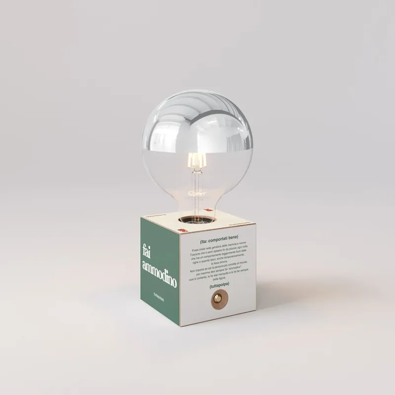 Cabless03 "Fai ammodino" battery lamp with silver half-sphere globe bulb - Tuttapolpa Professionale