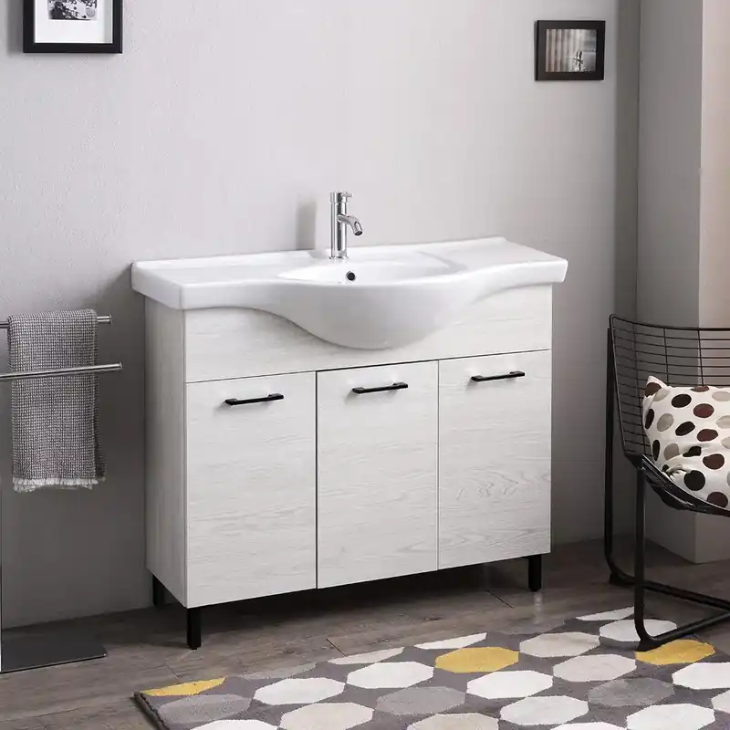 Prezzo Scontato Mobile bagno a terra 105cm quercia bianco con lavabo, dettaglio neri Rimini
