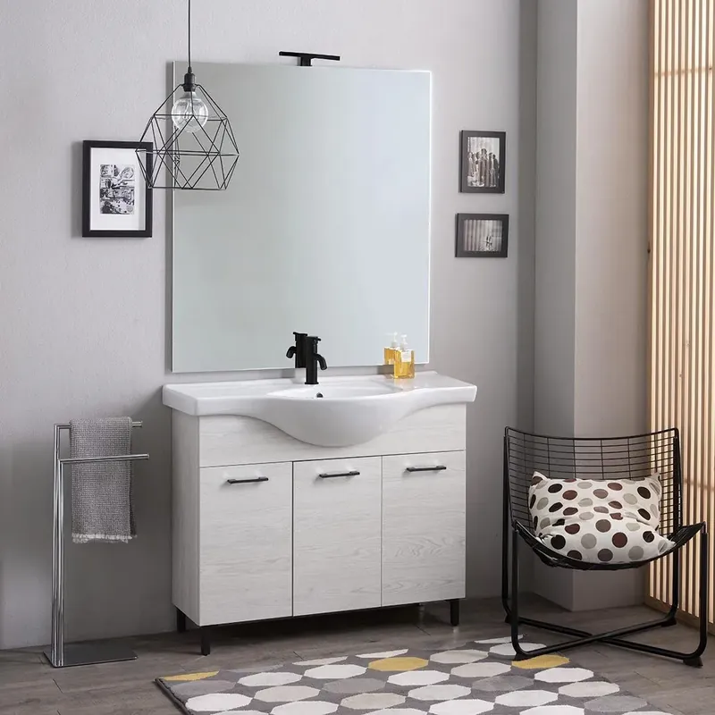 Mobile bagno a terra 105cm quercia bianco con ante, specchio e lampada Rimini Esclusivo