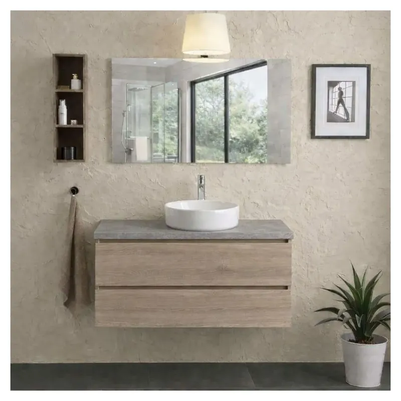 Mobile bagno sospeso 100 cm casetti Rovere con top Beton e specchio 100x60 con lampada Berlin Popolare