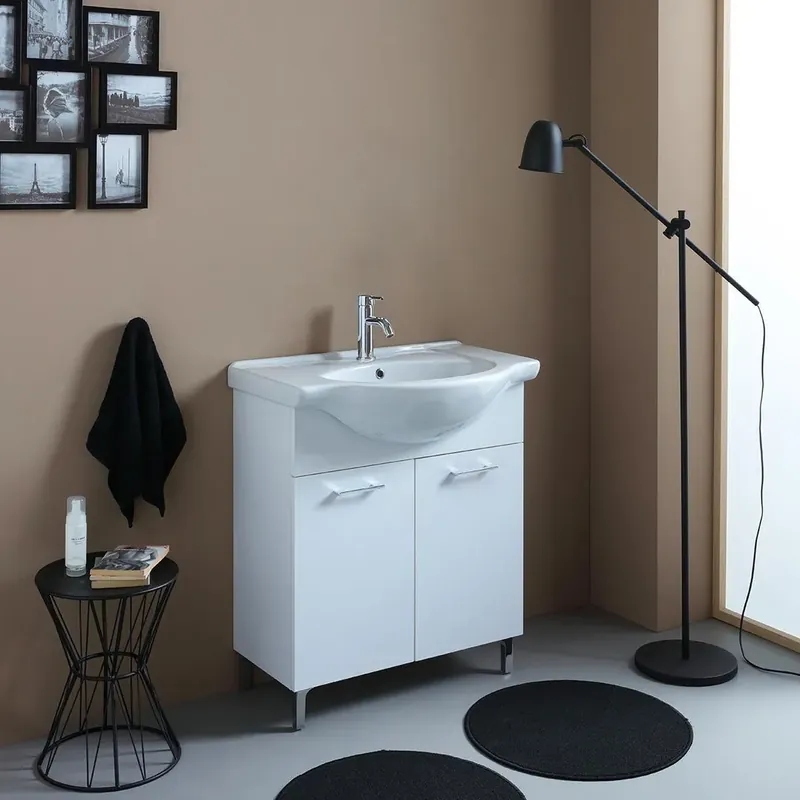 Mobile bagno a terra 75 cm bianco export con dettagli cromati e lavabo in ceramica Rimini Subito Disponibile