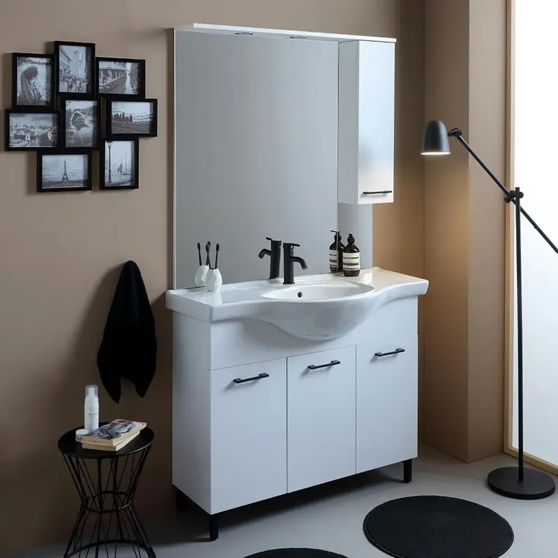 Mobile bagno 105cm bianco export con lavabo e specchio con pensile Rimini Affare