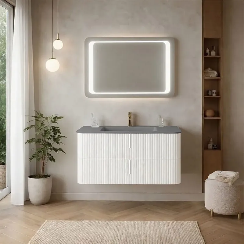 Mobile bagno sospeso 100cm bianco opaco cannettato con lavabo in resina grigio Hollywood Nuovo Arrivo