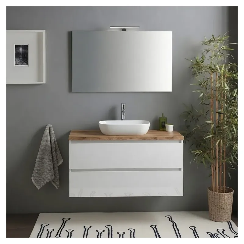 Compra Online Mobile bagno sospeso 100cm bianco lucido top rovere naturale, specchio Benaco