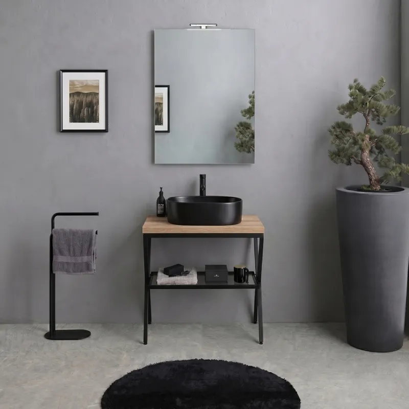 Ordina Subito Cavalletto metallico nero con mensola in vetro, top rovere, specchio 60x80 e lampada Manchester