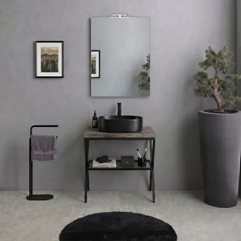 Cavalletto metallico nero 60cm con mensola in vetro, top rovere fossile e specchio 60x80 Manchester Offerta Limitata