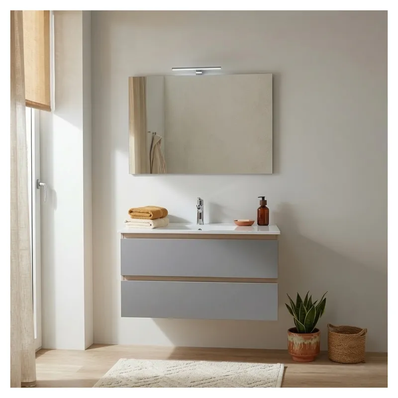 Novità Mobile bagno sospeso 90 cm con 2 cassetti rovere well e frontali grigio antracite, lavabo, specchio e lampada Budapest