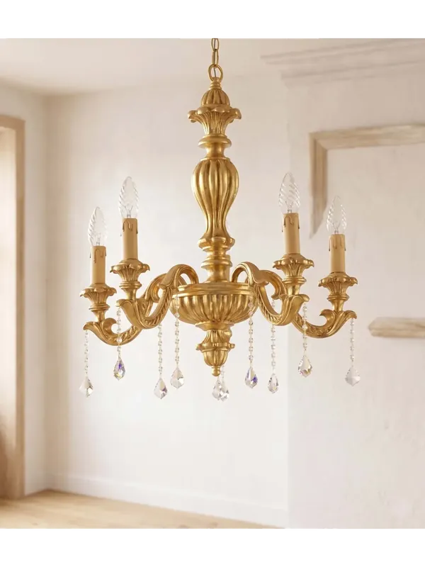 Lampadario classico in legno foglia oro 5 luci Esse 735/5 Novità