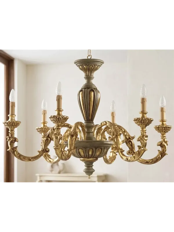 Lampadario classico in legno foglia oro-verde 6 luci Esse 760/6 A Buon Prezzo