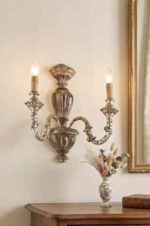 Applique classico in legno foglia argento antico 2 luci Esse 760/2A Compra Online