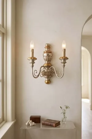 Applique classico in legno foglia argento-oro 2 luci Esse 32/2A Offerta Del Giorno