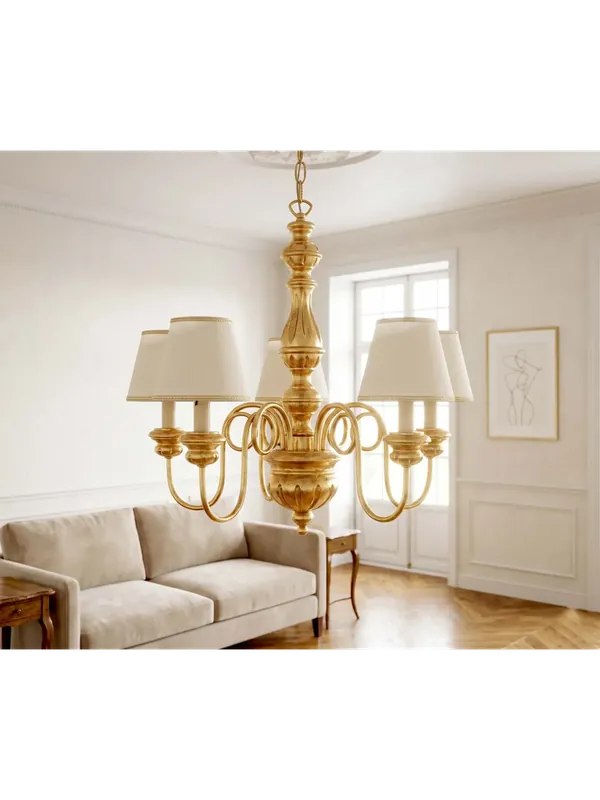 Lampadario classico in legno foglia oro 5 luci Esse 640/5 Offerta Lampo