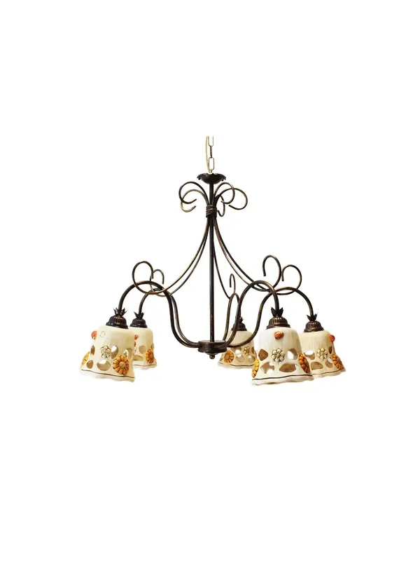 Offerta Speciale Lampadario rustico ferro battuto con ceramica 5 luci Sofia
