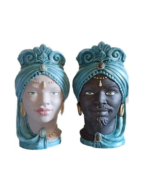 Acquista Ora Coppia teste di moro moderne h37 cm in ceramica siciliana decorata a mano decoro 11