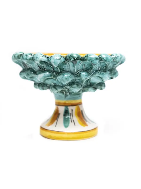 Quantità Limitata Centrotavola alzata D.13cm in ceramica di Caltagirone mezza pigna decorata a mano verde