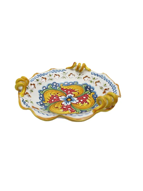 Spedizione Espresso Centrotavola grande in ceramica siciliana art.6 dec. Fiore rosso