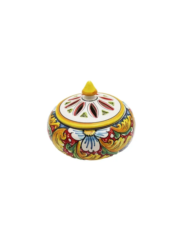 Porta caramelle grande in ceramica siciliana art.1 dec. Fiore rosso Reso Gratuito