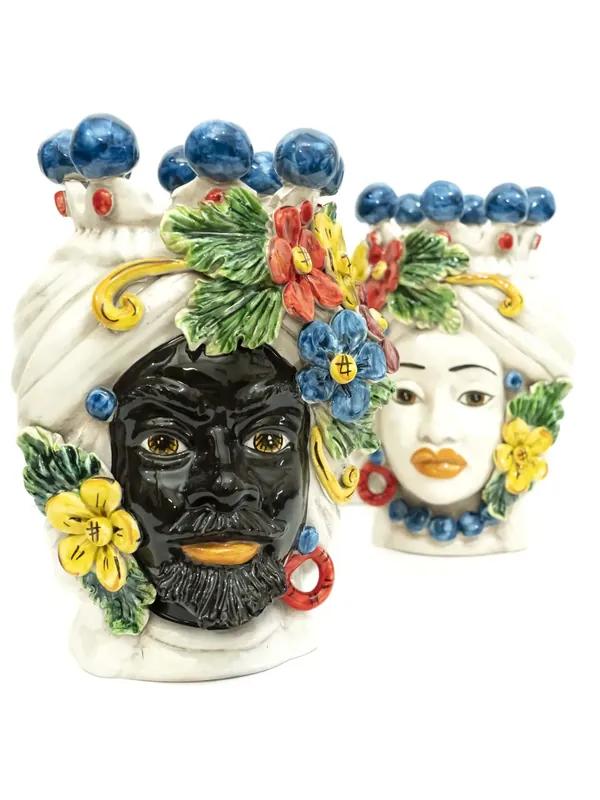 Non Perdere Coppia teste di moro h30 cm in ceramica di caltagirone fiori