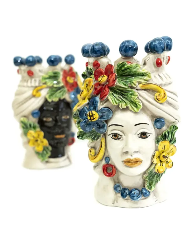 Coppia teste di moro h20 cm in ceramica di caltagirone fiori Prezzo Ridotto