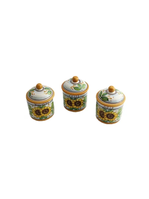 Novità Tris 3 barattoli zucchero caffè sale in ceramica siciliana art.8 dec. Girasole